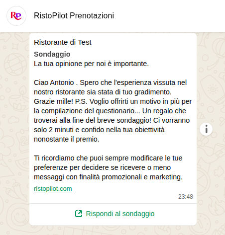 WhatsApp automatico richiesta sondaggio al cliente Risto Pilot