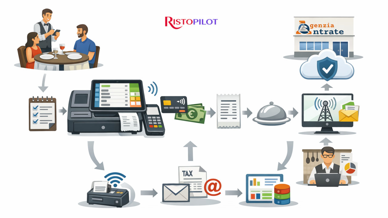Infografica flusso cassa con registratore telematico e POS integrati